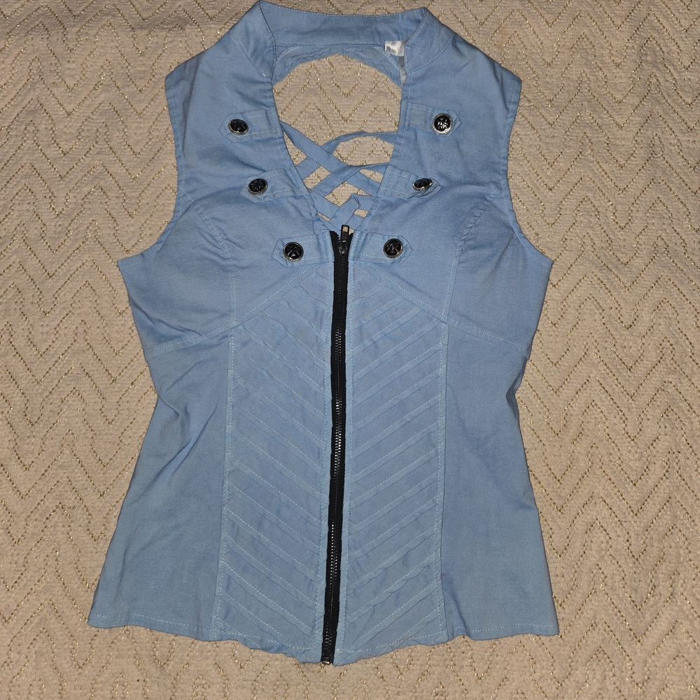 Light Blue Sleeveless Zipper Front Women's Top